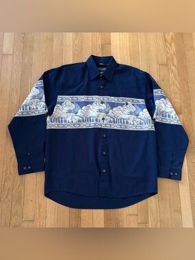 Vintage Buffalo Country Western Shirt Men’s Button Up Embroidered Large Navy